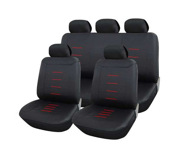 Cubreasientos de cuerina 9 piezas líneas rojas centro - Vértigo Repuestos