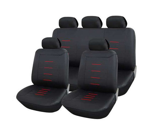 Cubreasientos de cuerina 9 piezas líneas rojas centro - Vértigo Repuestos